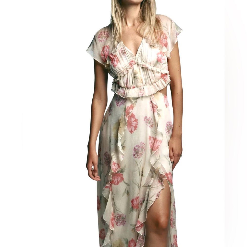 Zara Asymmetrical Floral Dress in Pink and Cream Size Small NWT
